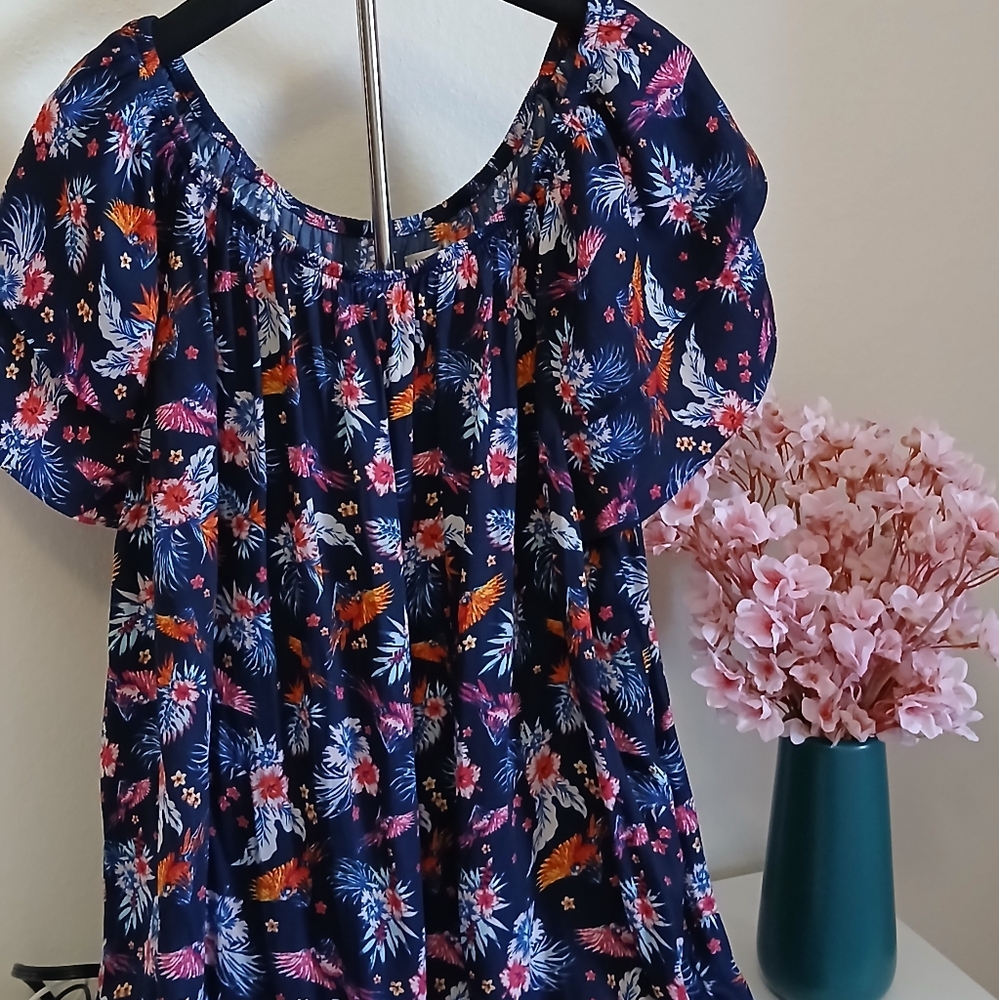 Terra & Sky Tropical Floral Off-Shoulder Blouse – 1X